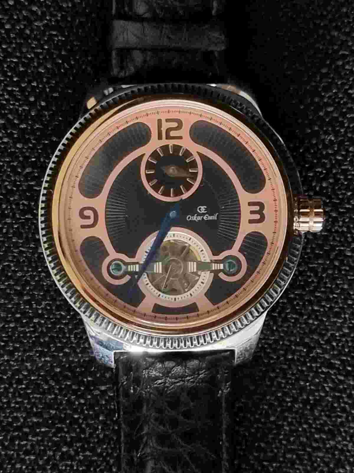 OSKAR EMIL AUTOMATIC SKELETON WATCH DUSKY PINK AND BLACK DIAL LEATHER STRAP