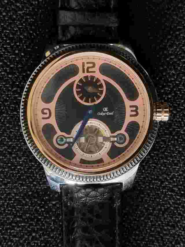 OSKAR EMIL AUTOMATIC SKELETON WATCH DUSKY PINK AND BLACK DIAL LEATHER STRAP