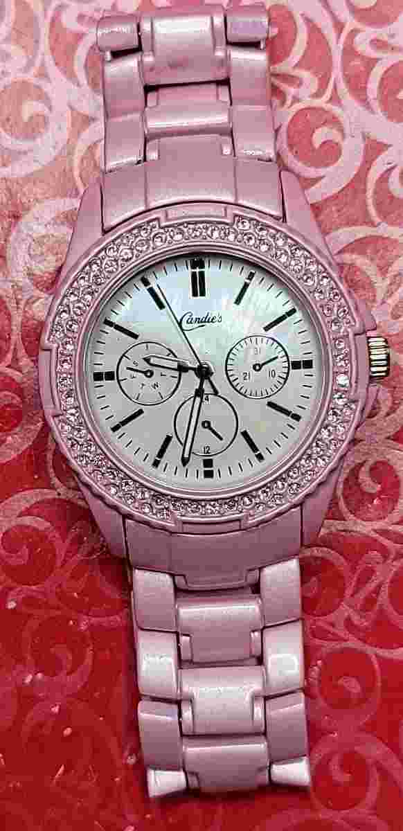 Candies CAN082 MOP Rhinestones Pink Faux Crono Quartz Watch & Band New Battery