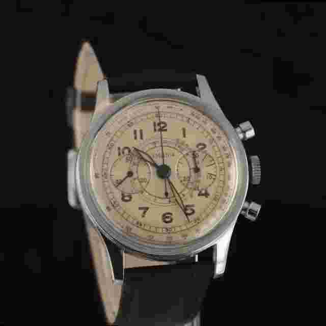 Lemania Stainless Steel 15TL Chronograph Watch Tachymeter 1940s Leather Band