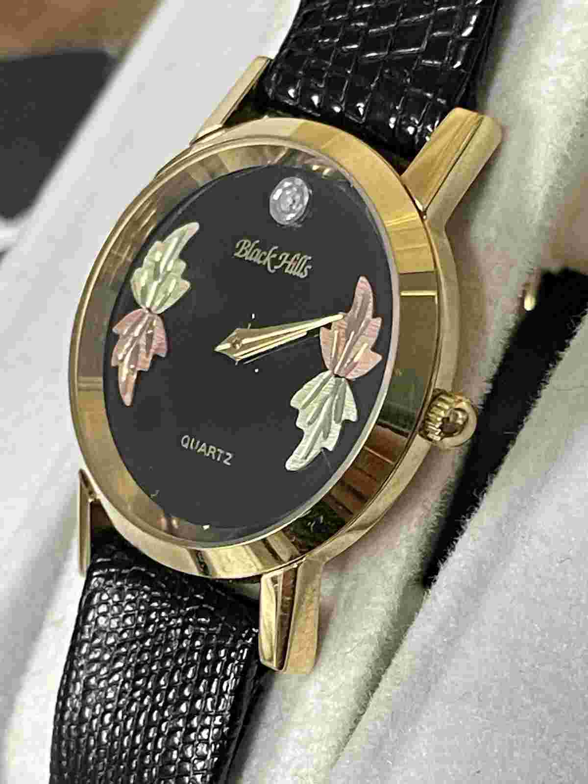 Black Hills Vintage 12k Gold Leaf Dial Diamond Bezel Wrist Watch 29mm Ladies