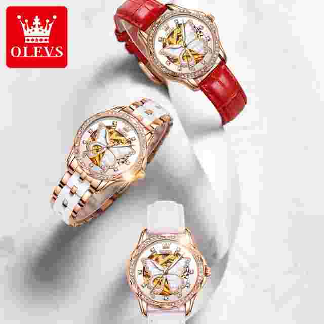 OLEVS 6622 Diamond Luxury Woman Automatic Watch Butterfly Original Mechanical Wa