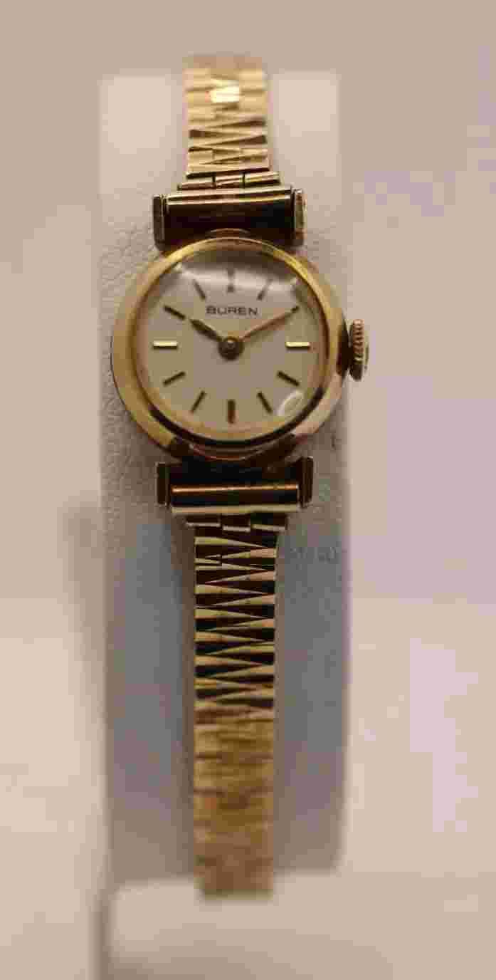 9k Yellow Gold Ladies Buren Mechanical Watch w/ Box & Papers