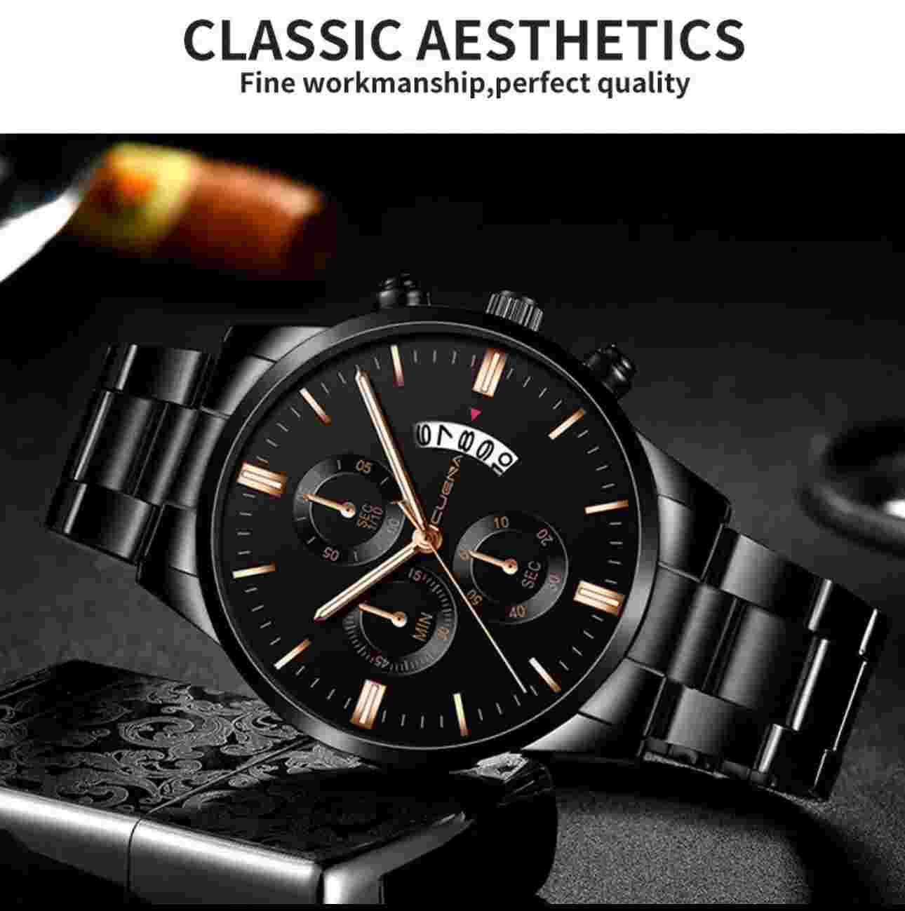 Black Men's Watch Relojes De Hombre Stainless Steel Quartz Luminous Classic