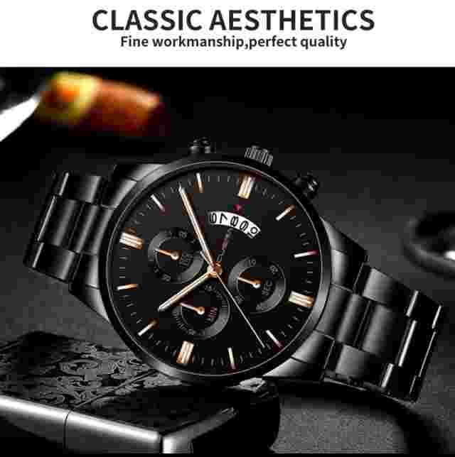 Black Men's Watch Relojes De Hombre Stainless Steel Quartz Luminous Classic