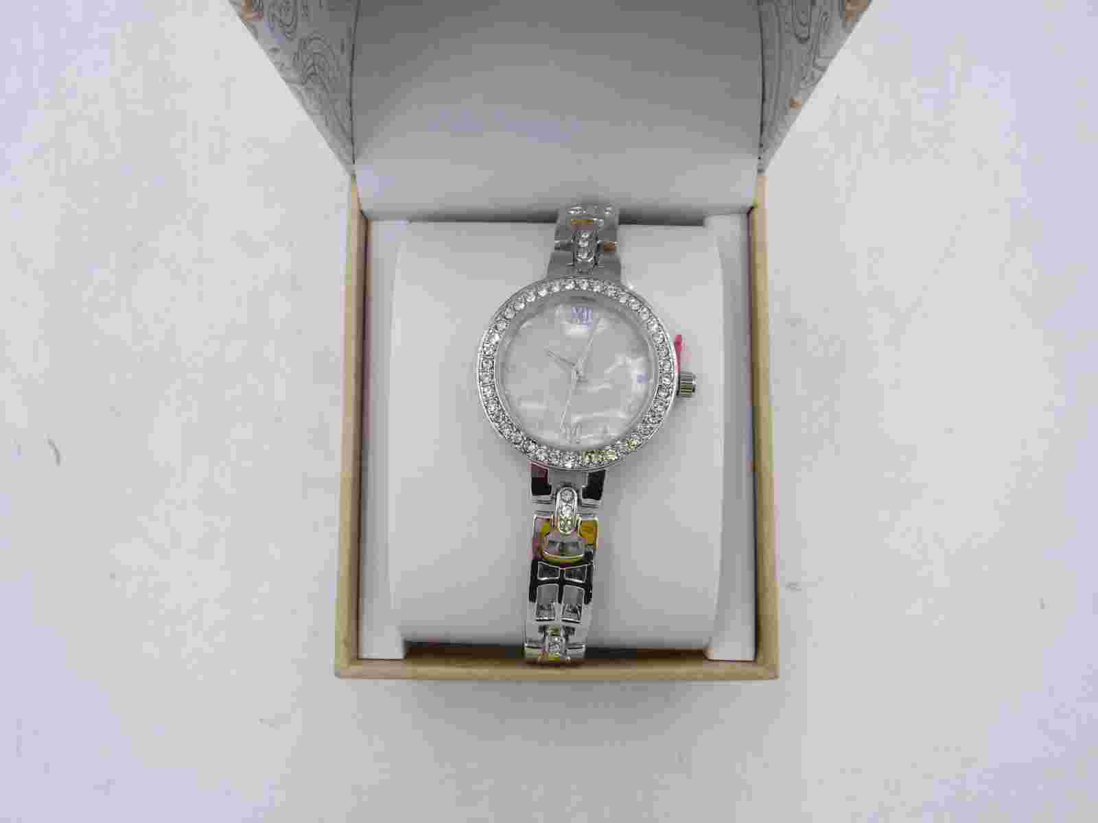 Small Faced Cubic Zirconia Lined Silver Watch Roman Numerals w/ Box