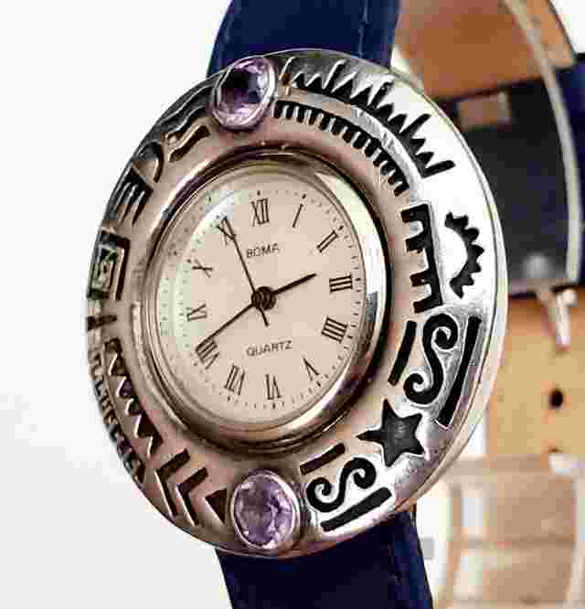 UNIQUE Women STERLING SILVER Watch BOMA. Amethyst Gemstones.Mother Of Pearl Dial
