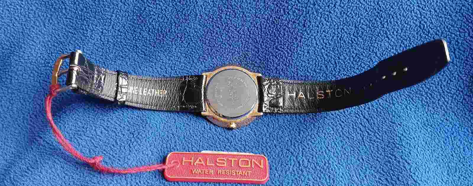 Halston Wristwatch Round Quartz Sweep Second, White Dial and Black Leather NOS