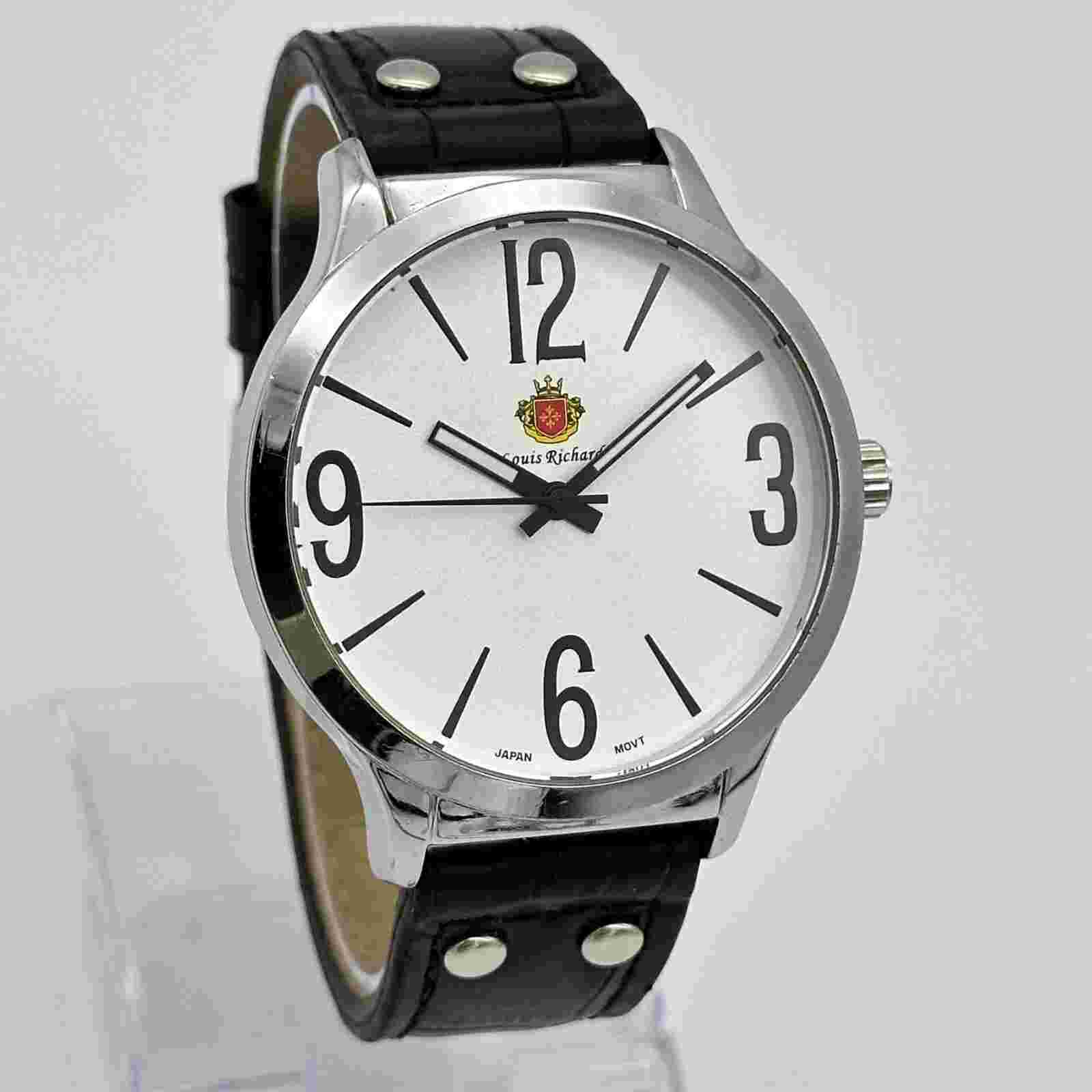 Men's LOUIS RICHARD Dalton Silver Tone Black Leather Classic Quartz Watch, 46mm
