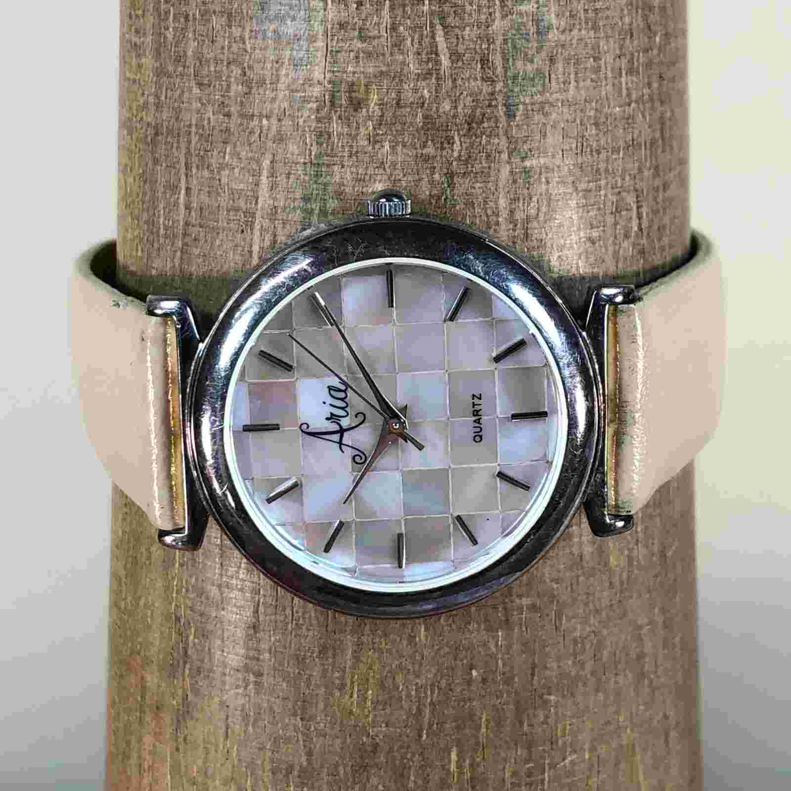 Aria Women Sterling Silver MOP Dial Beige Leather 34mm Quartz Analog Watch7 1/2"