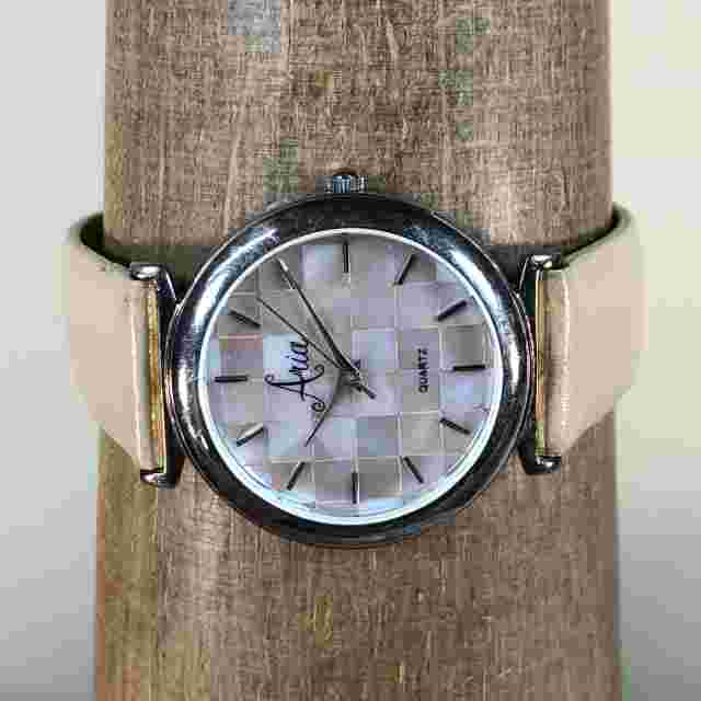 Aria Women Sterling Silver MOP Dial Beige Leather 34mm Quartz Analog Watch7 1/2"