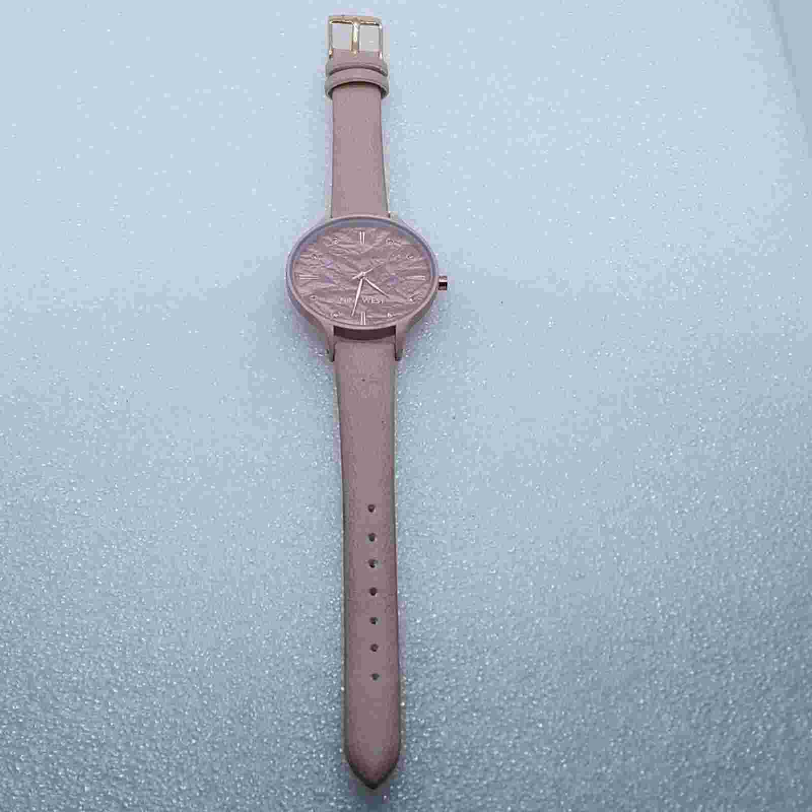 Nine West Pink Carnation Rose Pedal Paper Mache Dial Crystal Accent 36mm Watch