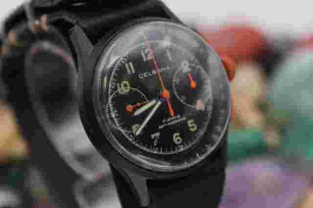 Vintage DELBANA Chronograph Landeron Black PVD Orange Hands Men's Sport Watch