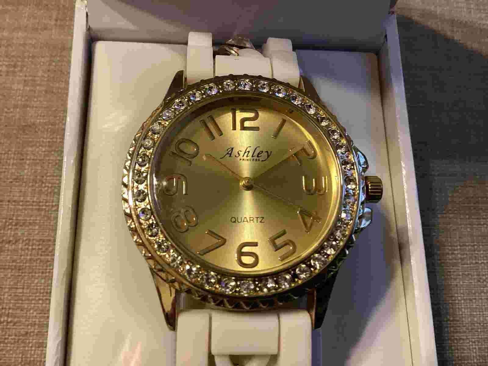 Ashley Princess White And Gold Tone Bling Watch. BRAND NEW In Box