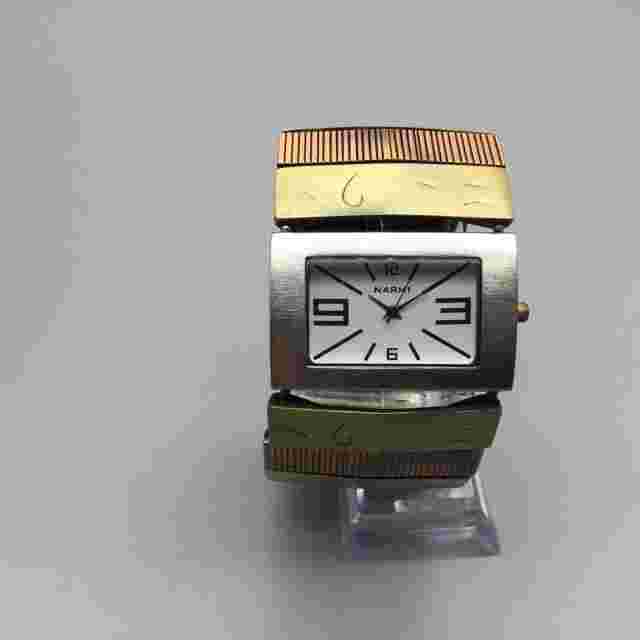 Narmi Watch Women 42mm Silver Gold Two Tone Dial Wide Band New Battery 7.25"