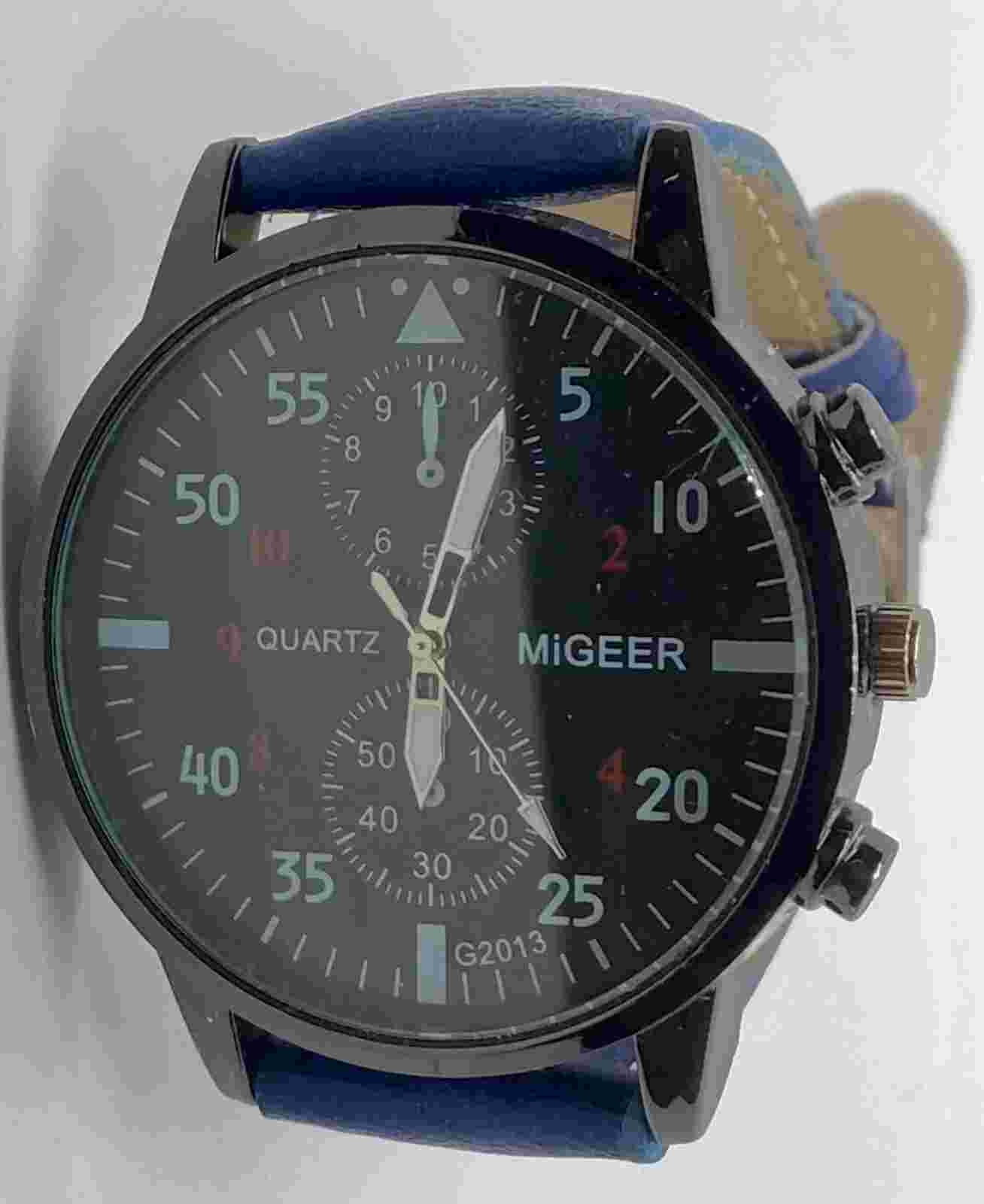 NEW MIGEER Mens Watch Fresh Battery Faux Chronograph Blue Band Black Dial/Case