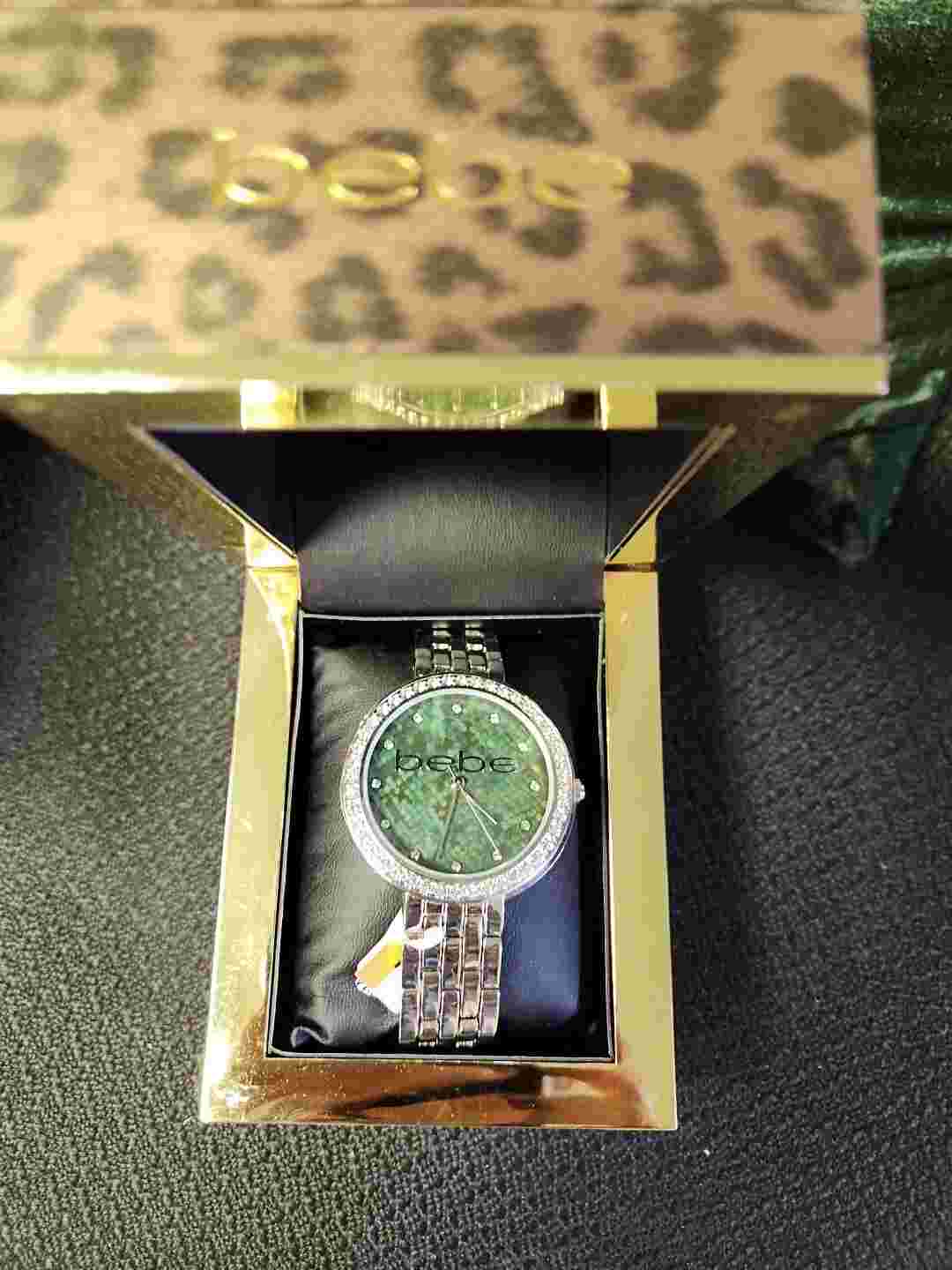 BEBE NWT Silver Stainless Steel Green/ Stone Women Watch With Gift Box