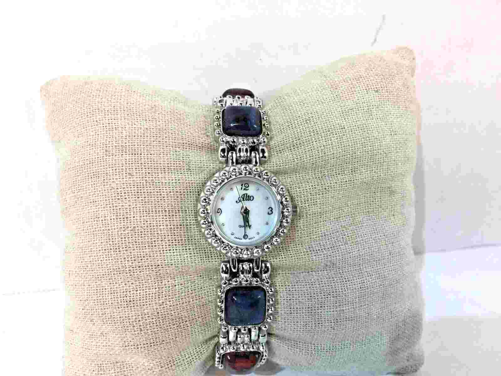Ladies Alto Bracelet Wrist Watch Silver Tone Multicolor Scarab Gemstones Working