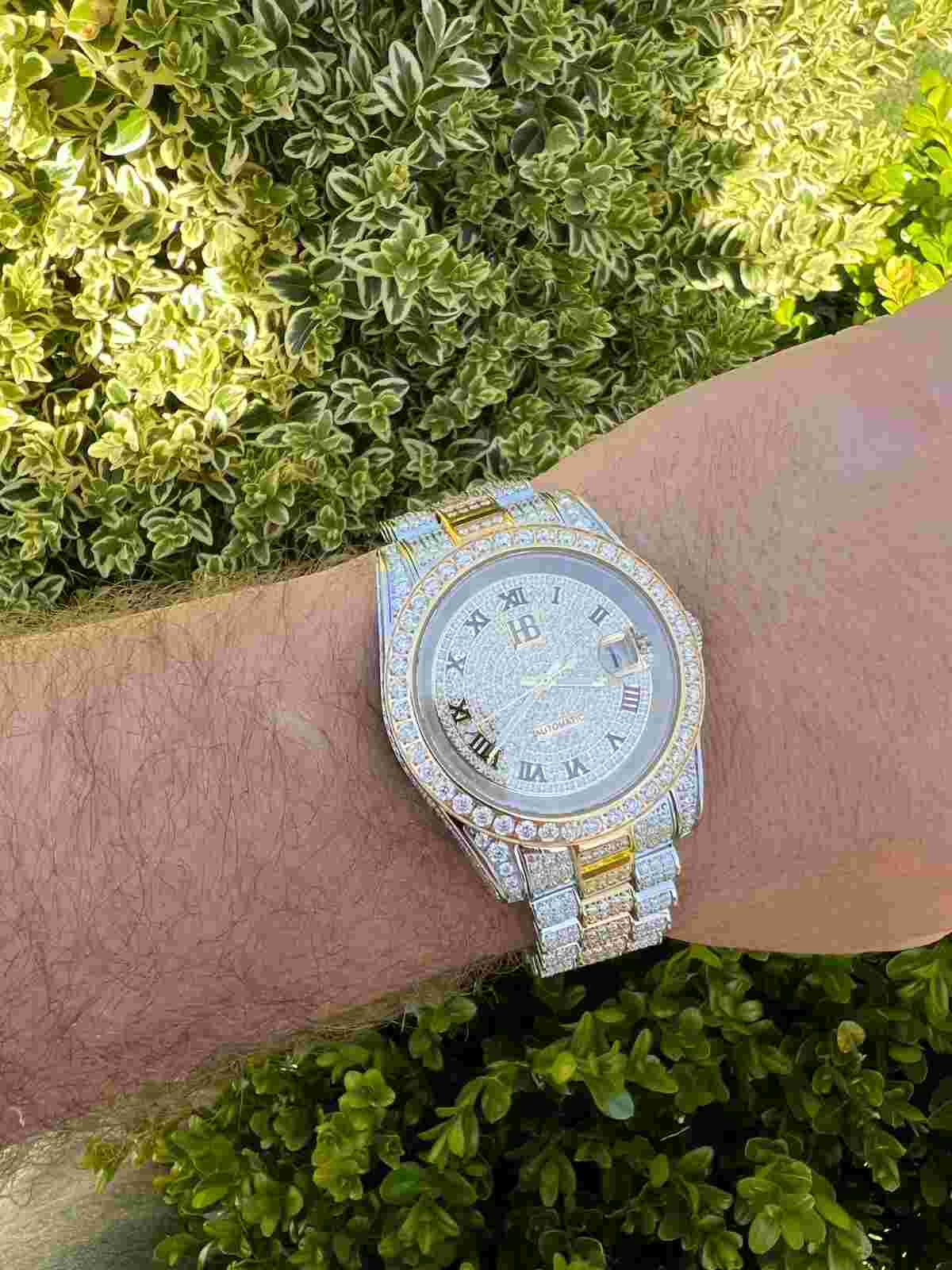 Real 15ct MOISSANITE Mens Presidential Watch Gold Plated Iced Pass Diamond Test