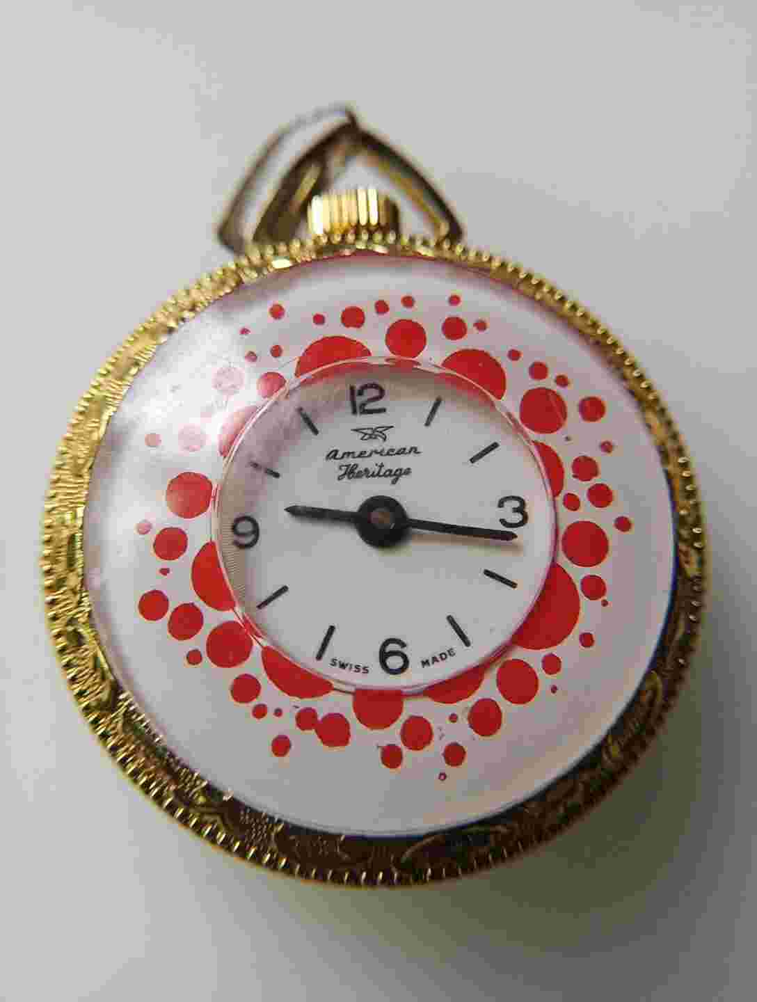 American Heritage Goldtone Red Black White Necklace Wind Up Swiss Watch
