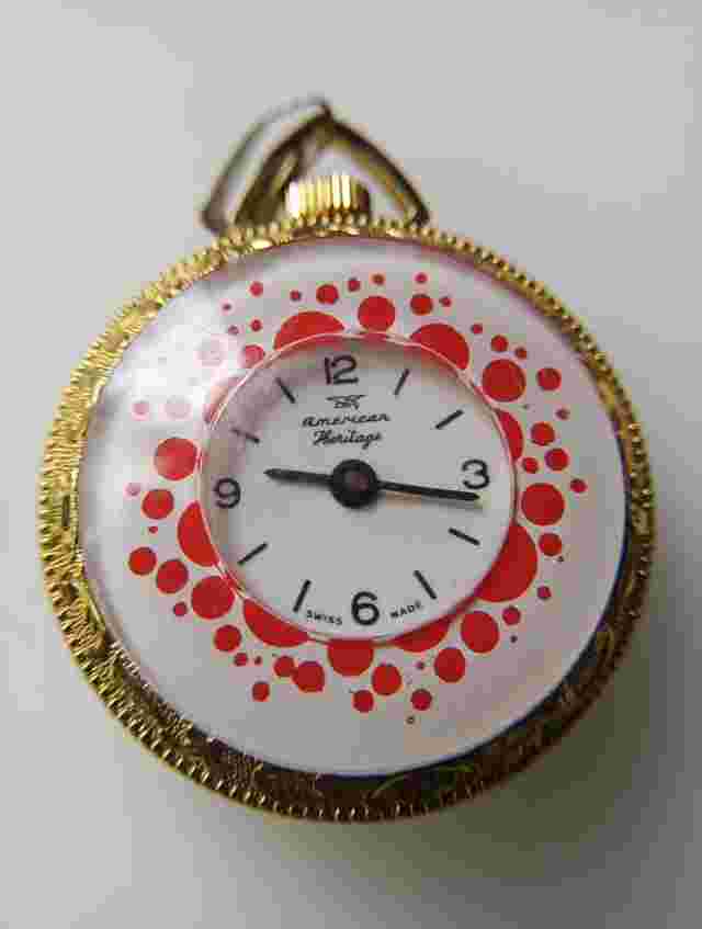 American Heritage Goldtone Red Black White Necklace Wind Up Swiss Watch