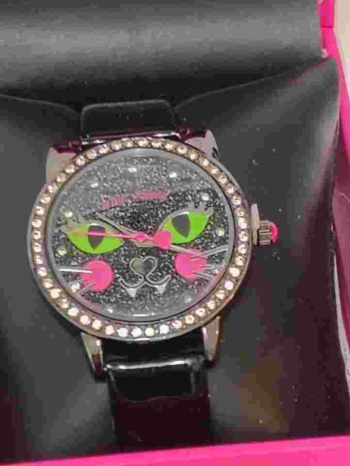 Betsey Johnson XOX Watch New Black Glitter Cat Face w/ Fangs Rhinestones