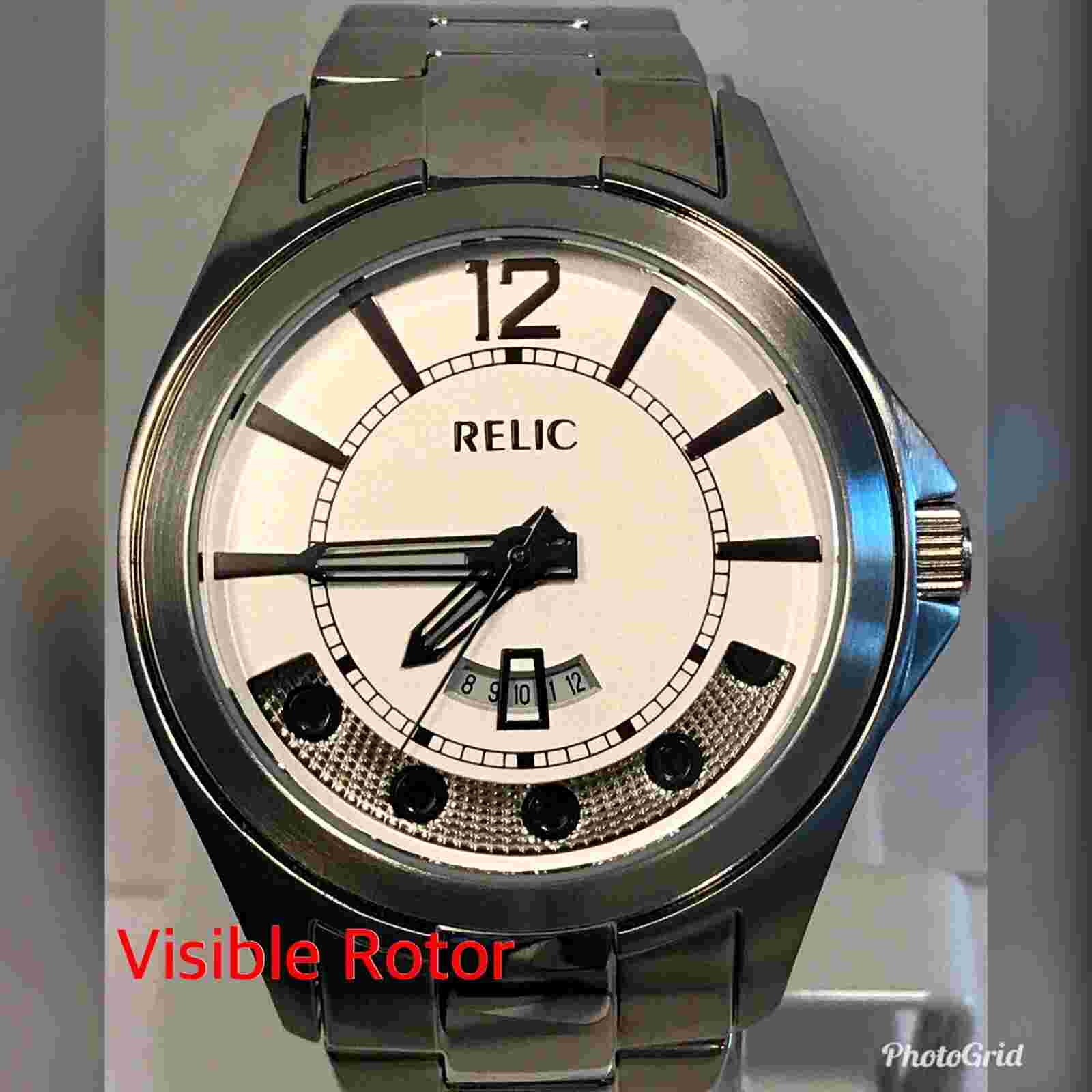 48mm Auto 23J RELIC White & Spinning Rotor Dial Silvertone Bracelet Mens Watch