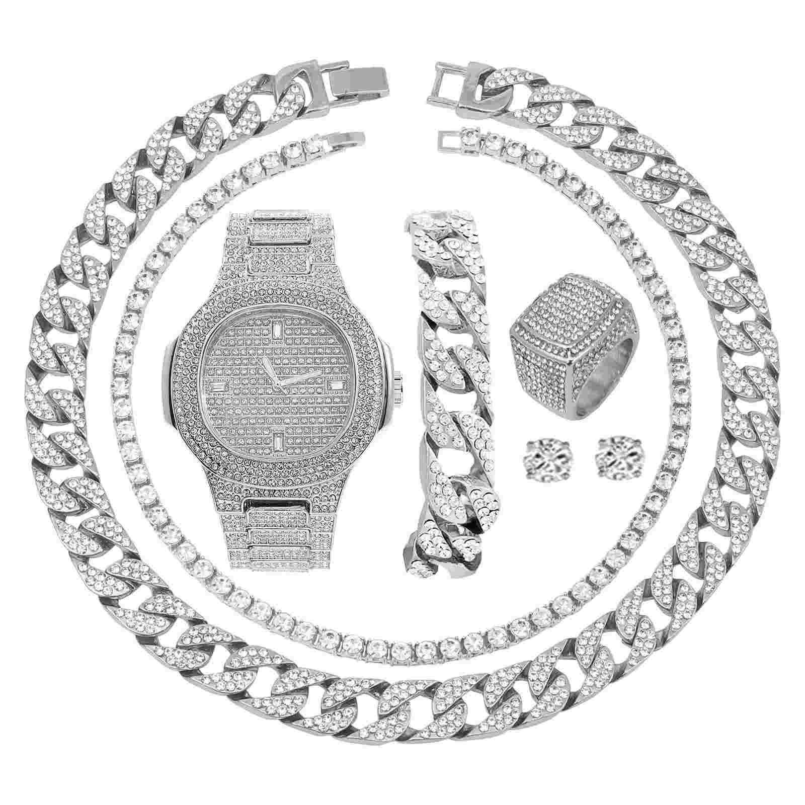 Oblong Case Mens Watch w/Cuban Bracelet, Necklace,Tennis Chain & Ring 8967CRNTS