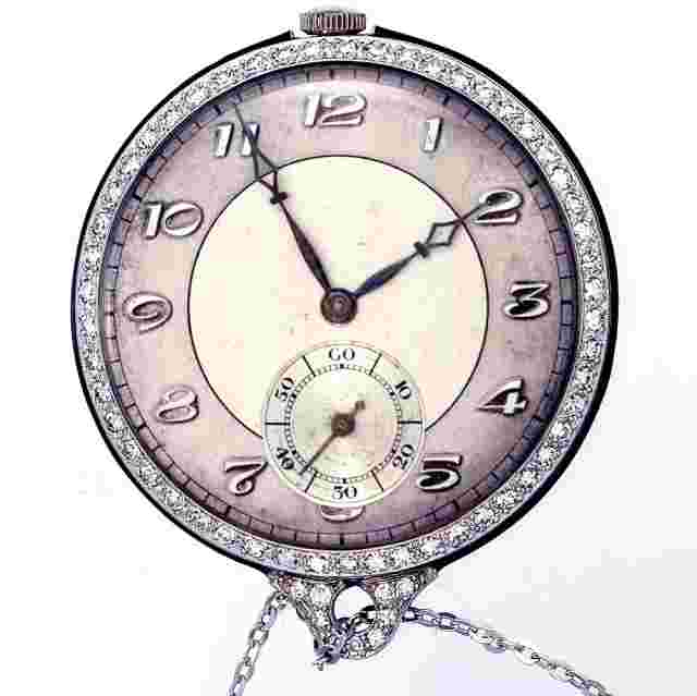 Platinum Diamond Royce Watch Co. Swiss Pendant Watch CA1920s with Platinum Chain