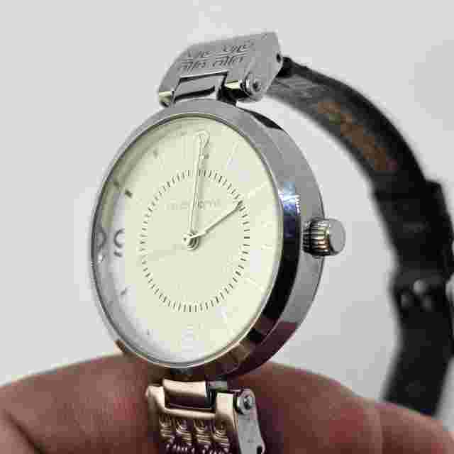 Liz Claiborne Black Leather Strap Bands Stainless Steel Watch New Battery