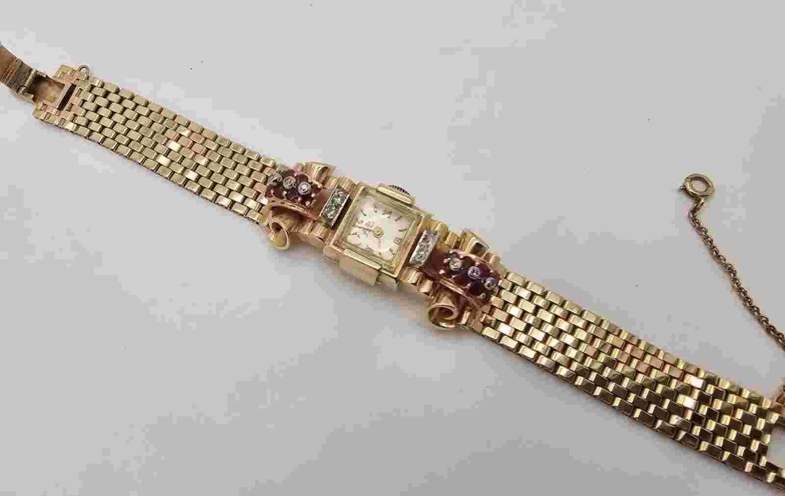 FABULOUS SELLITA ART DECO STYLE 14K GOLD RUBYS/DIAMONDS BRACELET WRISTWATCH,RUNS