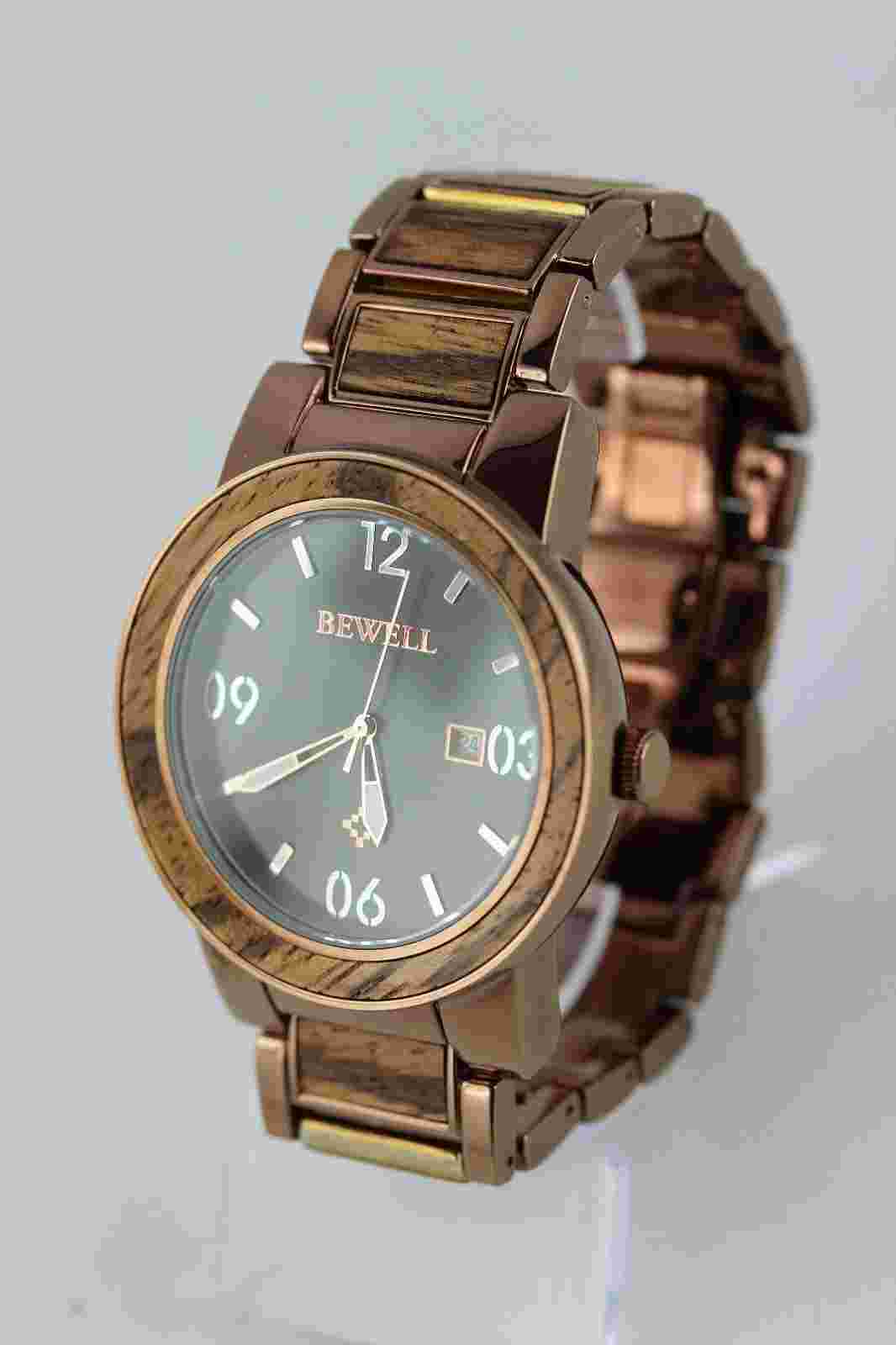 BEWELL Men's Watch Date Zebrano Wood Metal Rose Gold 46mm Gift Wooden Watch