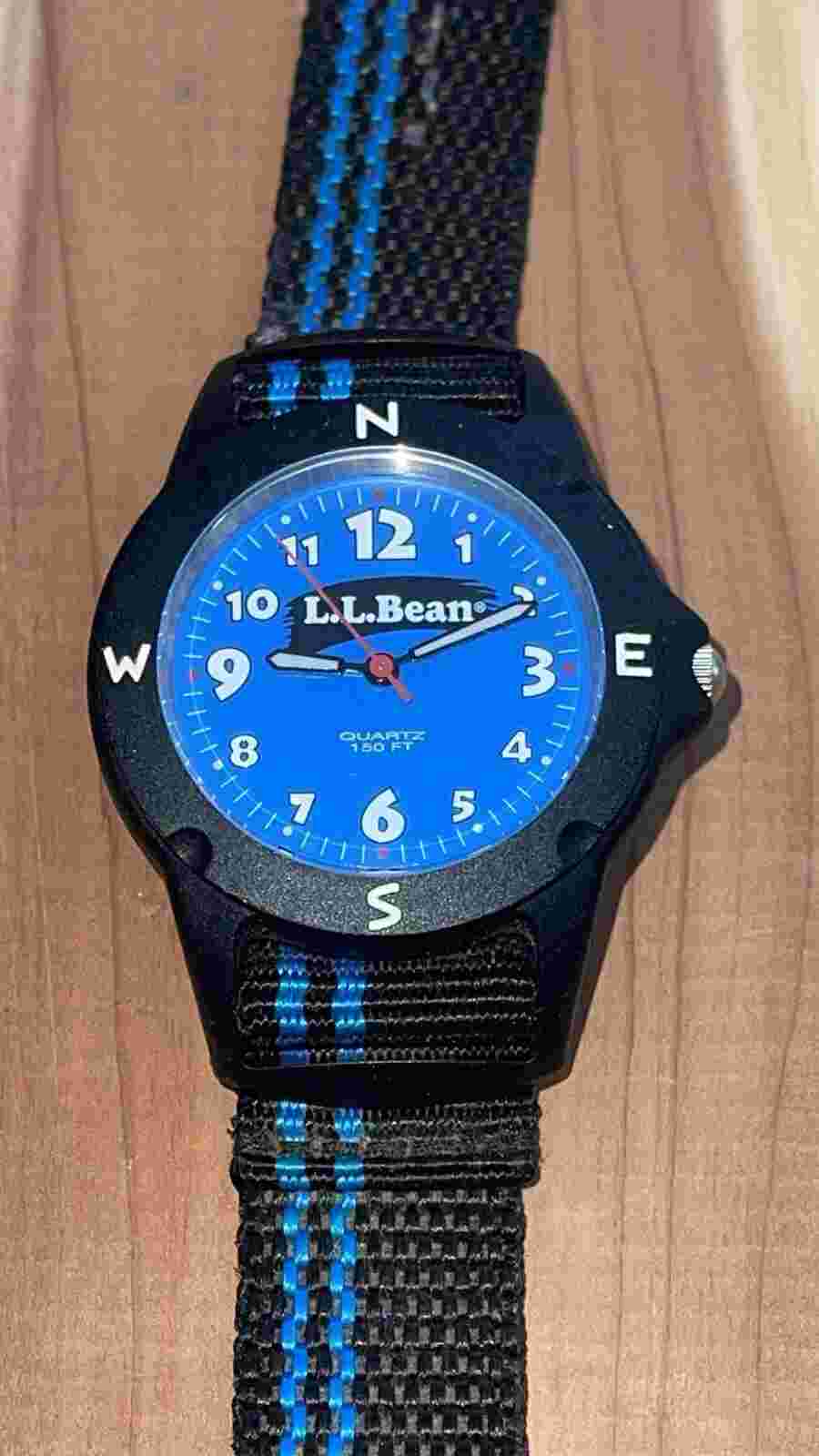 Ll Bean Vintage Watch Blue Face, Quartz Wristwatch Mens Blk-Blue Nylon Band