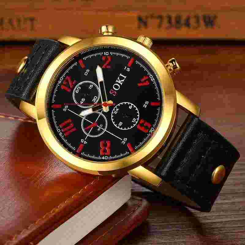 SOKI Gold & Black Quartz - Elegant Contrast, Striking Red Accents