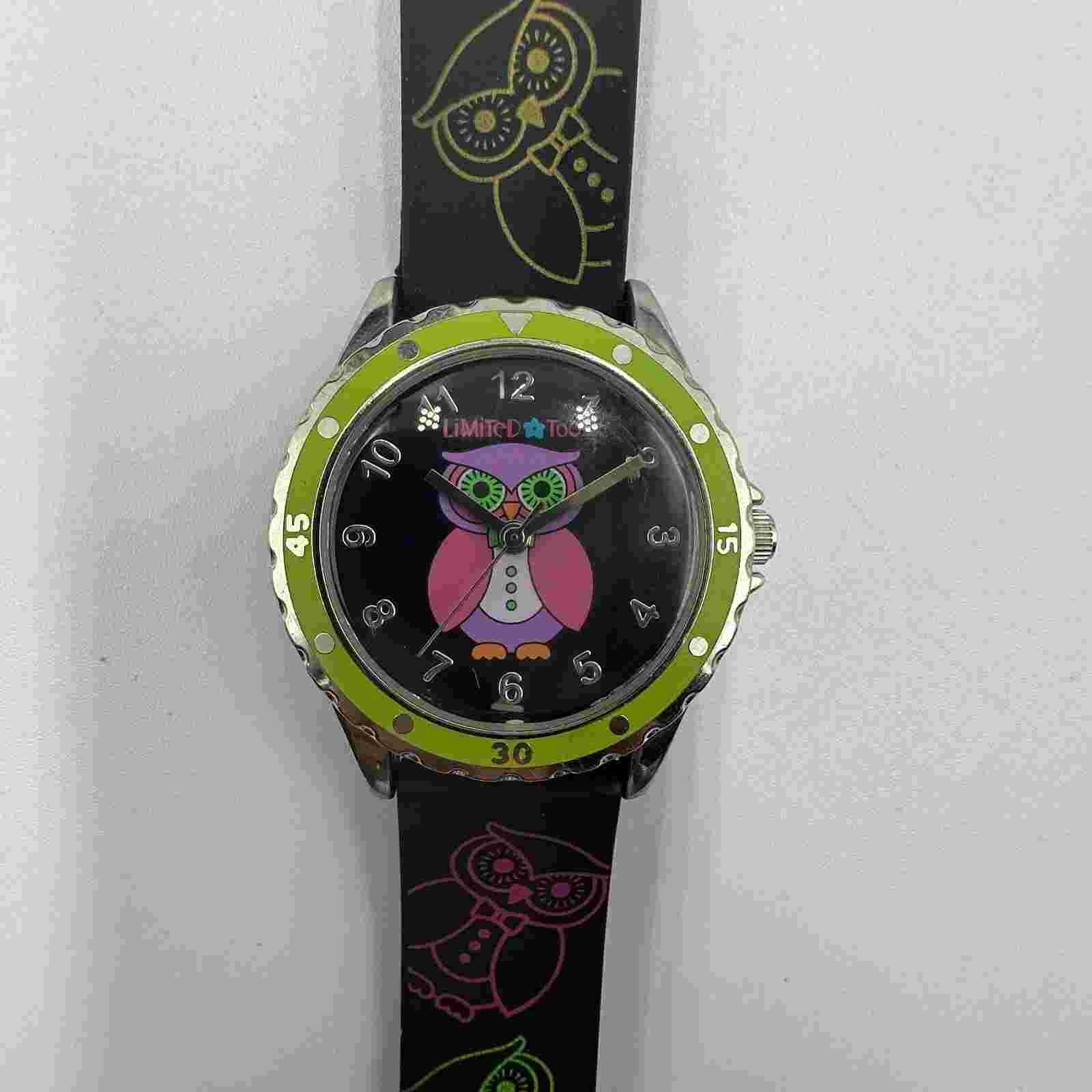 Limited Too Watch Girls Silver Tone Black Owl Dial Silicone Band New Battery