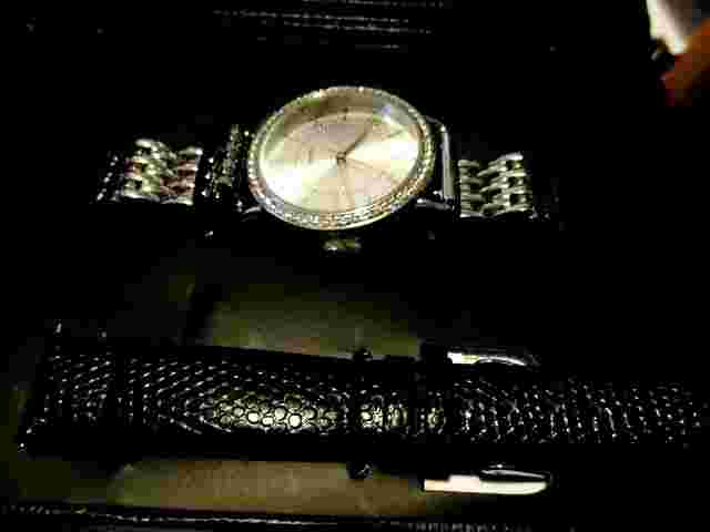 AVON  Interchangeable Strap Watch Silvertone Link/Bk Faux Leather /Crystals 9" L