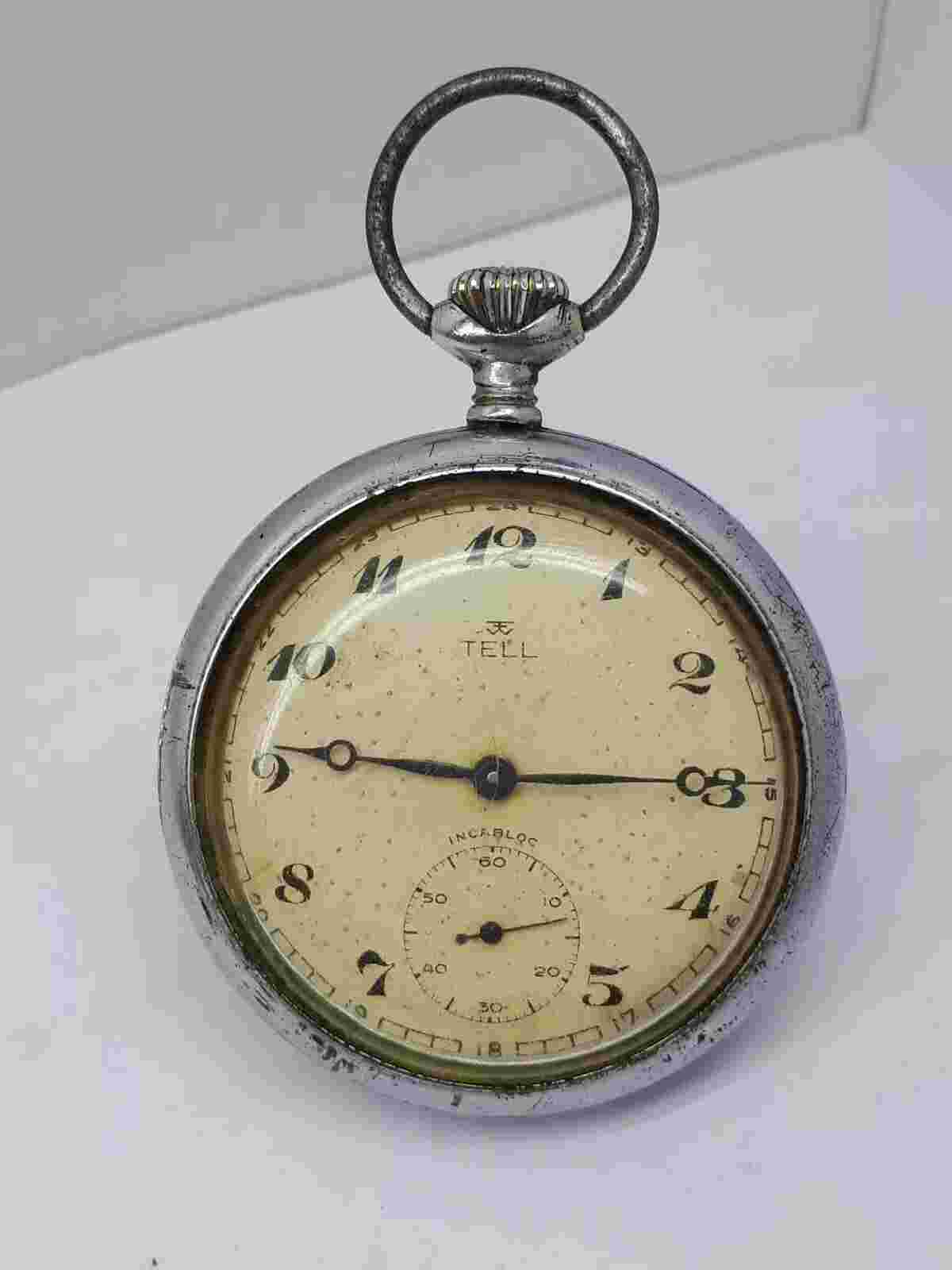 GENTS TELL WATCH POCKET VINTAGE SWISS MADE 15 JEWELS XRARE LANDERON CAL. 2124