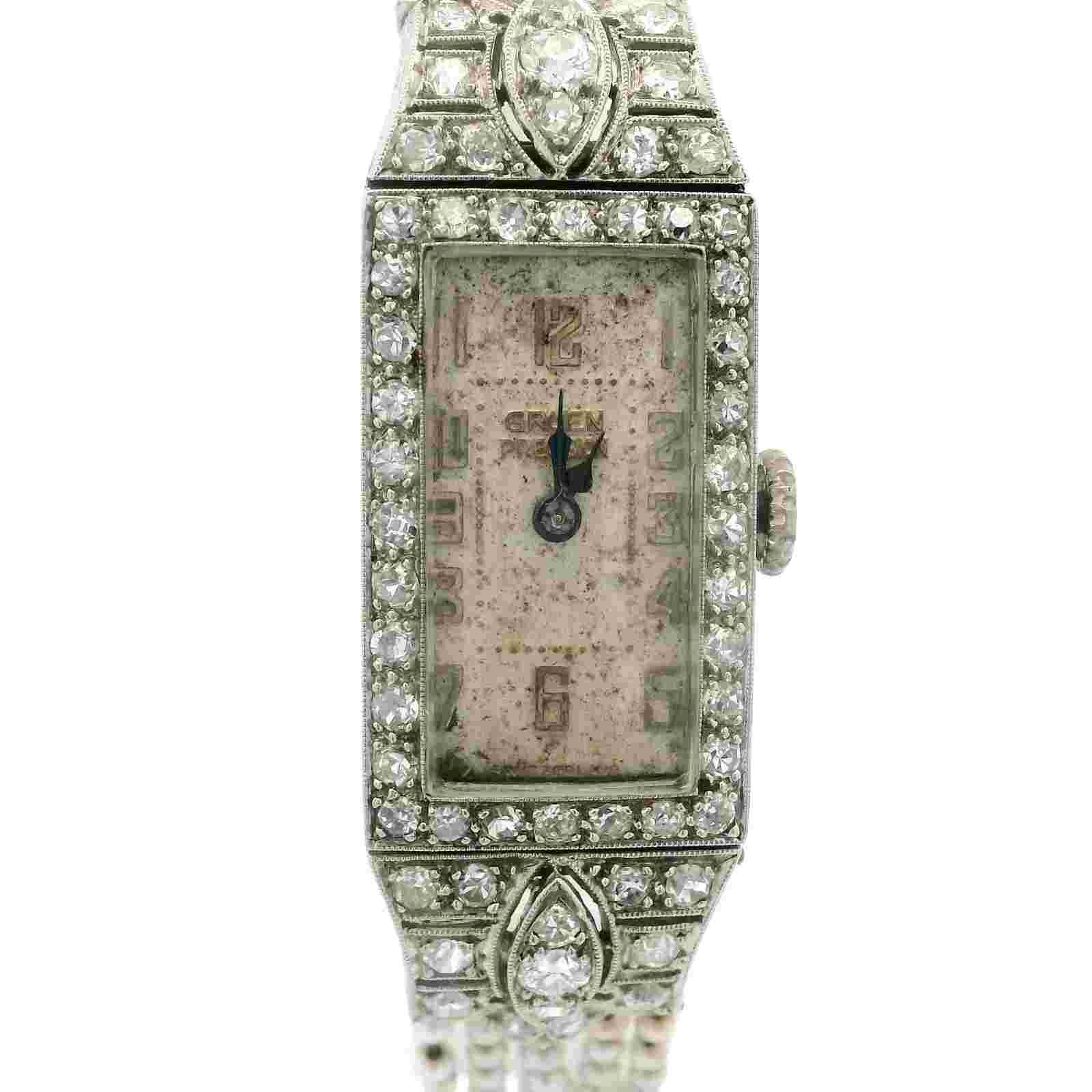 Antique Art Deco Swiss Gruen Platinum Old Cut Diamond Seed Pearl Watch Bracelet
