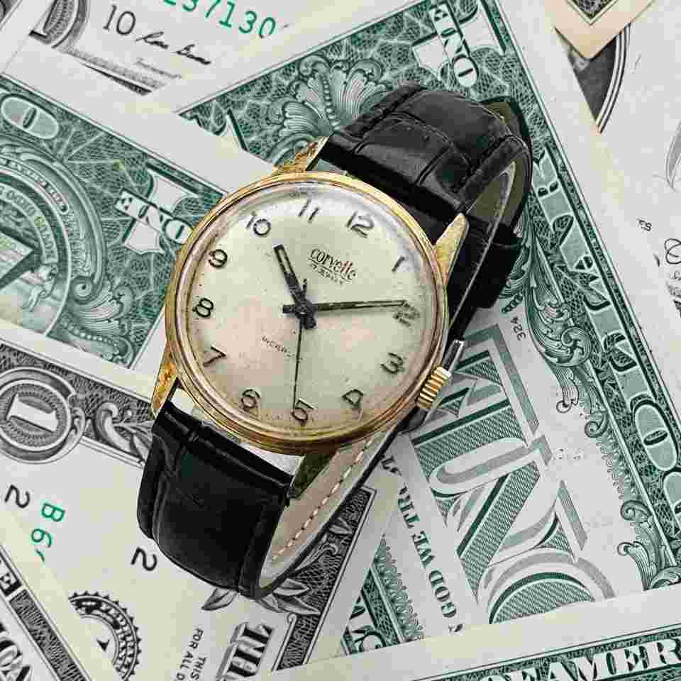 Corvette Men's Vintage Hand-Wind Analog Watch Gold Dial 17 Jewels U1886