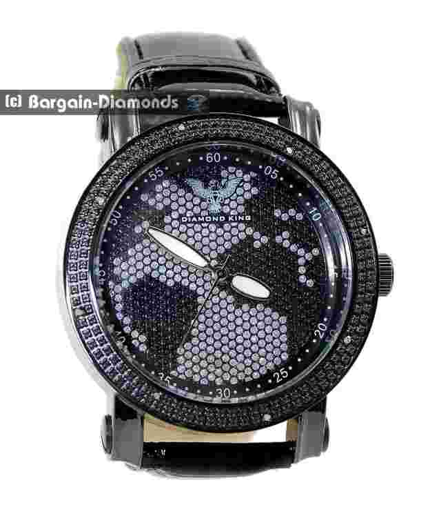 Mens 50 mm Black Natural Diamond World Map Business Clubbing Watch Strap 7"-9"