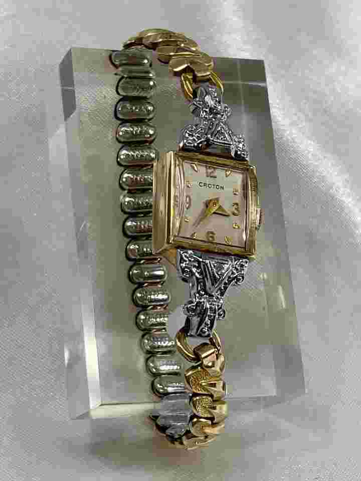 Vintage Croton Ladies 10k White & Yellow Gold Wrist Watch in BOX   G18.9