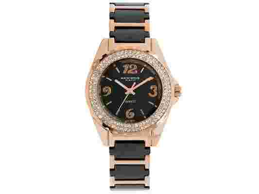 Akribos Ladies Crystal Black Ceramic Rose Gold Tone Quartz Watch