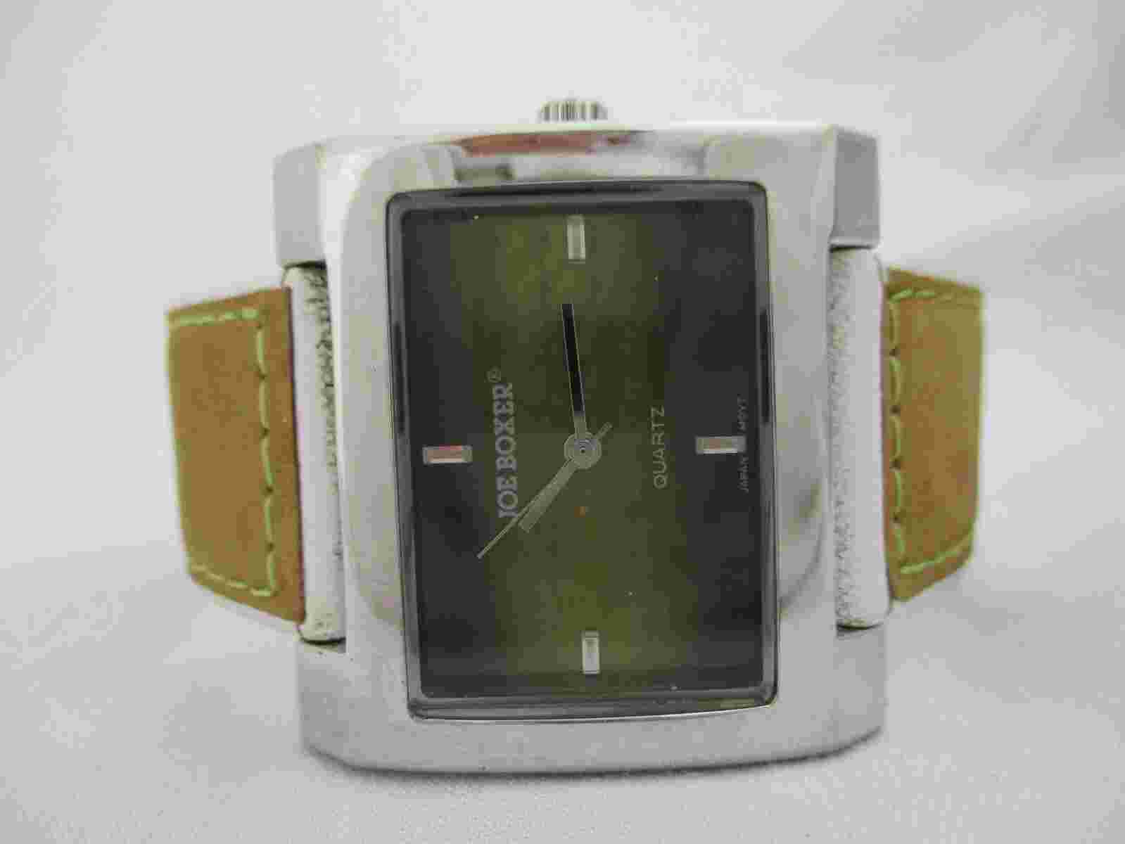 Joe Boxer Watch Brown White Buckle Band Silver Tone Rectangular Green Face