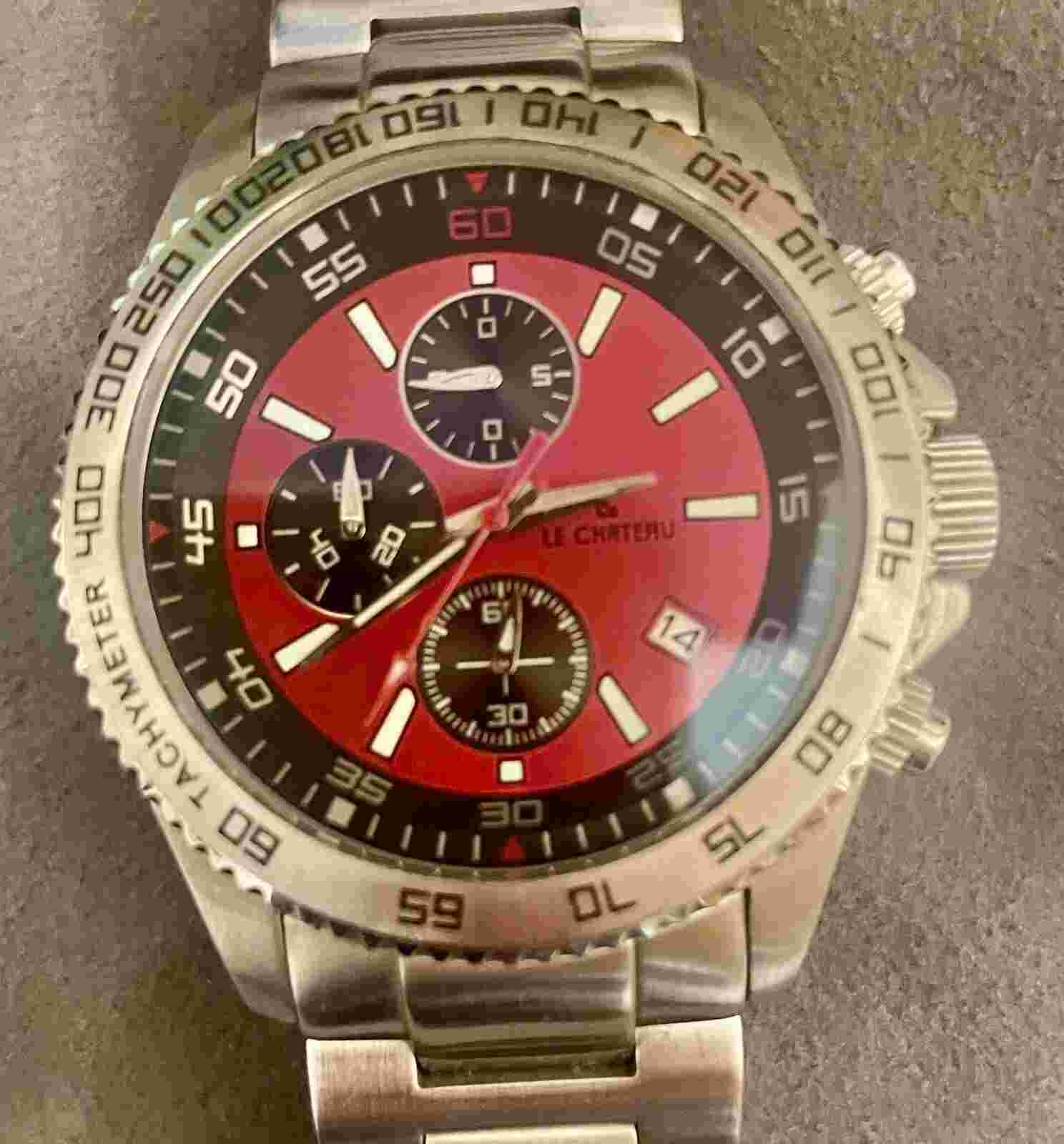 LC Le Chateau Men’s 47mm Chronograph Quartz Watch Date SS Case Bracelet Red