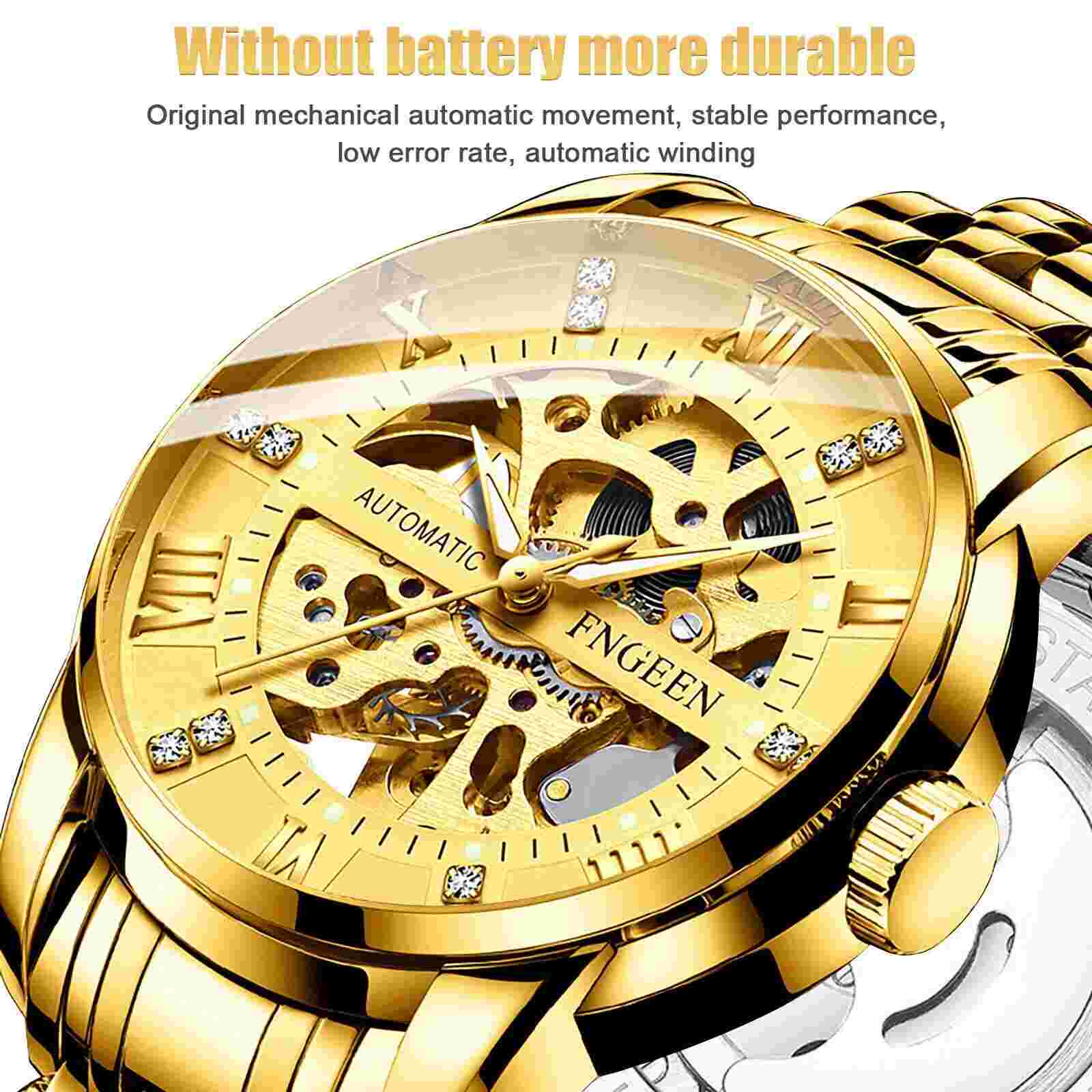 Luxury Men's Stainless Steel Gold Tone Skeleton Automatic Mechanical Wrist Watch