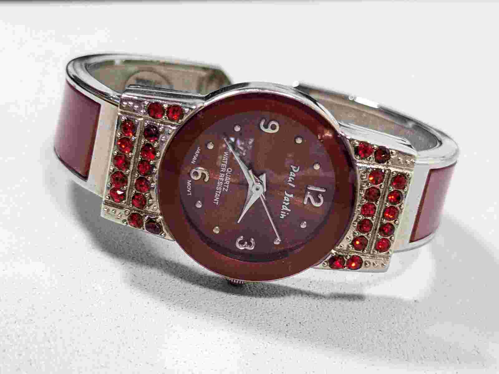 Paul Jardin Womens Red Crystal Pave Silver Tone Hinge Bangle Bracelet Watch 5.5"