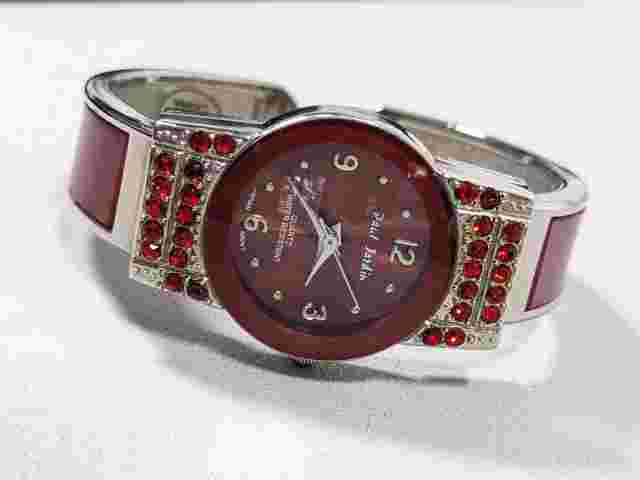 Paul Jardin Womens Red Crystal Pave Silver Tone Hinge Bangle Bracelet Watch 5.5"