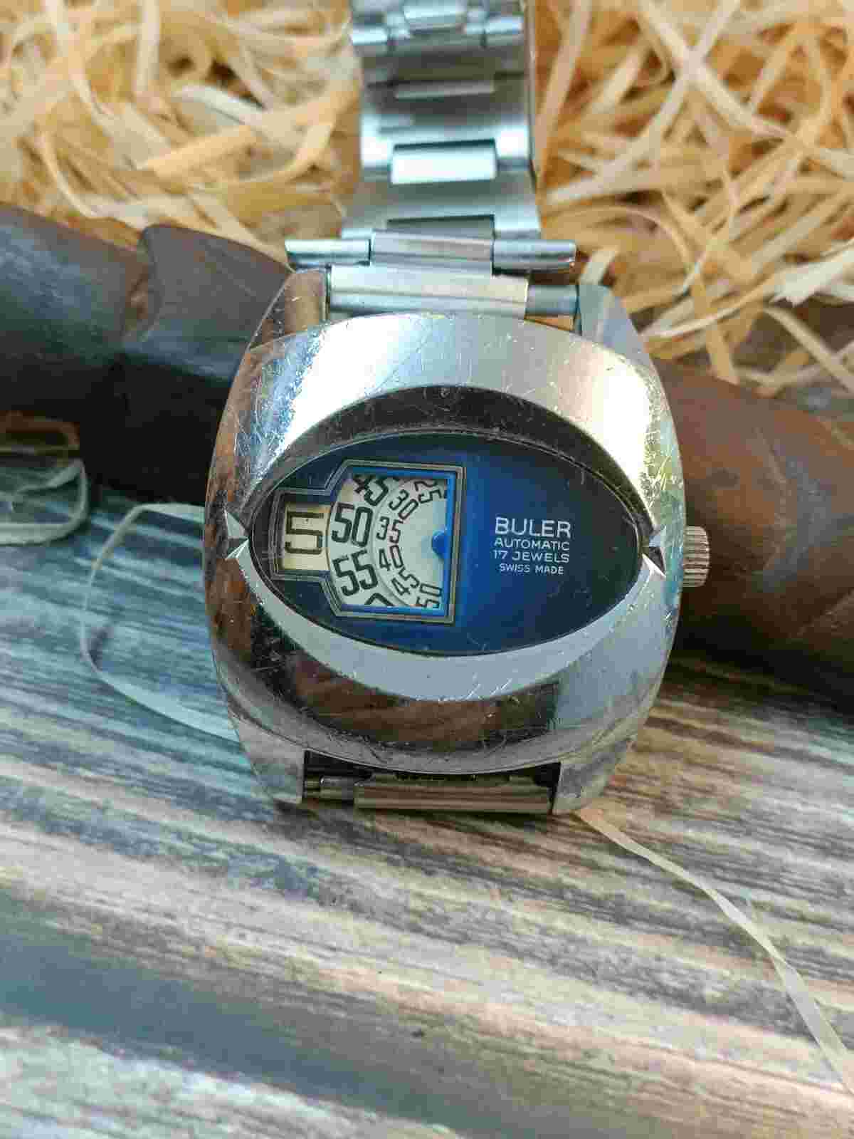 AUTHENTIC BULER AUTOMATIC 17 JEWELS SWISS MEN'S BLUE DIGITAL JUMP HOUR VINTAGE