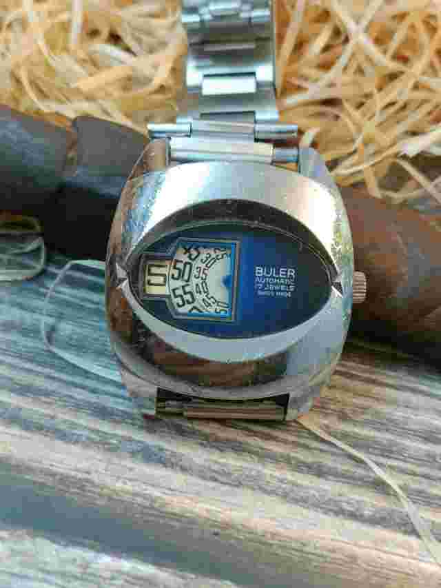 AUTHENTIC BULER AUTOMATIC 17 JEWELS SWISS MEN'S BLUE DIGITAL JUMP HOUR VINTAGE