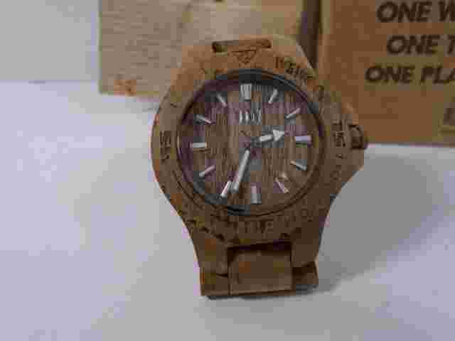 WEWOOD--DATE TEAK WOODEN WATCH W/ BOX (NEEDS BATTERY)